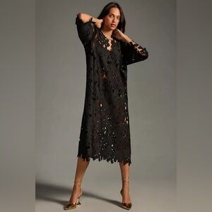 Anthropologie Black Floral Eyelet Kaftan Dress One Size Sheer Overlay Festival